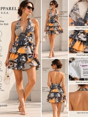 Y Apparel Y2K Halter Tiered Ruffle Mini Dress Floral Paisley
